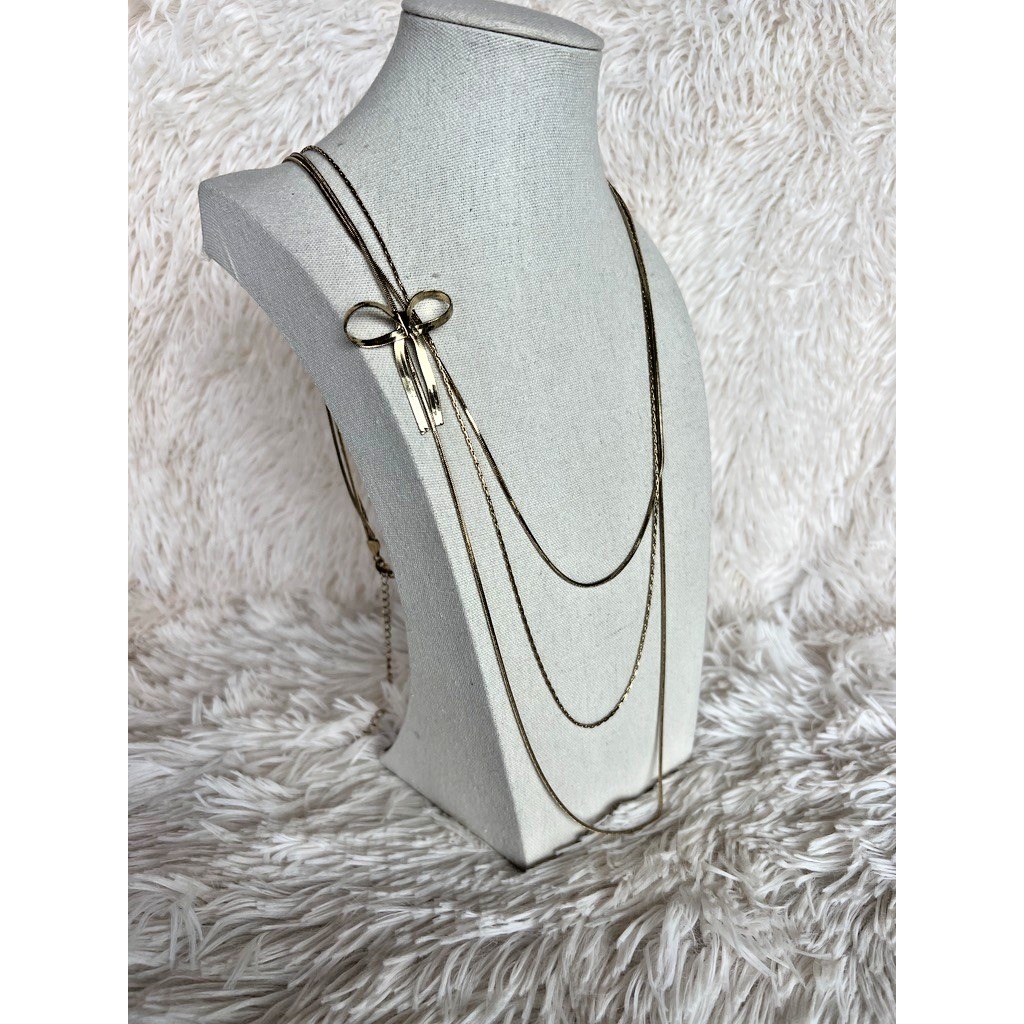 Multi Strand Necklace Bow Vintage Gold Long Layered 3038